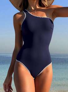 Swim Lushoire Women's Summer Stitching One Shoulder Monokini, One-Piece Bathing Suit - Navy Blue - View 1