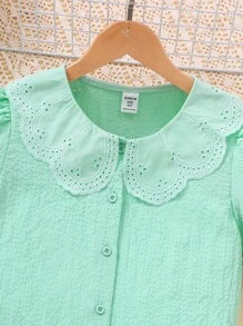 SHEIN Einfarbiges, kurzärmliges Hemd mit Peter-Pan-Kragen für Tween-Mädchen, modisch, geeignet für den Sommer