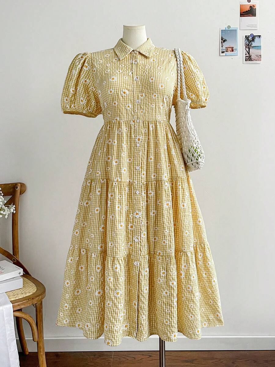 Dreamara Plus Size Women's Vacation Plaid Daisy Print Shirt Dress, Short Sleeve - Multicolor - View 1