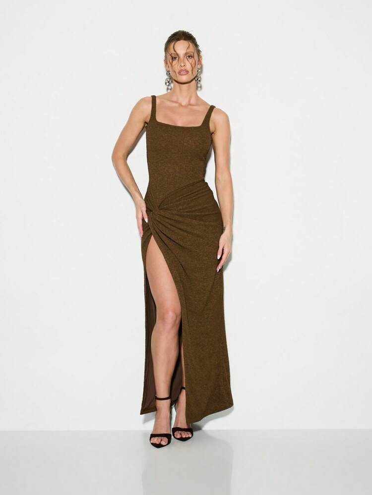 KIZN Vestido de noche largo de punto, cuello cuadrado, maxifalda, lateral fruncido, abertura hasta el suelo, sin mangas, ajustado, elegante, formal, para fiesta, boda o invitado en otoño e invierno