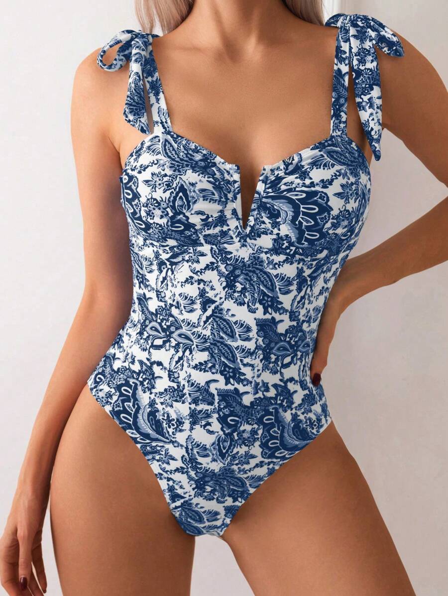 Costavie 1 件女式纯色花卉印花打结细肩带连体泳衣 - 藏蓝色 - 查看 1