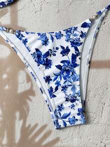 SHEIN Swim 女士度假紧身微型比基尼性感印花随机细肩带休闲优雅两件套泳衣 - 藍白色 - 查看 4