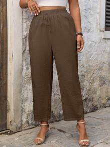 SHEIN Clasi Plus Size Casual Linen Pants With Embroidered Floral Lace Patchwork - Brown - View 5