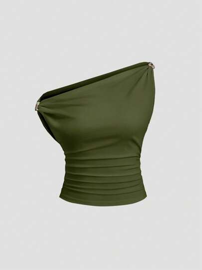 Sweetra Women's Black Solid Color Pleated Design Asymmetrical Neck Versatile Blouse With Gold Decoration, For Commuting And Everyday Wear, Spring/Summer