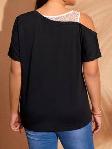 EMERY ROSE Maglietta casual da donna con scollo asimmetrico in pizzo a contrasto e maniche corte, adatta per outfit casual da paese, vacanza o uso quotidiano, semplice e alla moda, top estivo da donna, outfit da vacanza, outfit estivi da donna adatti anche per l'ufficio, outfit bohémien da festival o vacanza