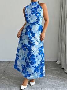 Elenzga Women's Floral Allover Print Sleeveless Stand Collar Casual Long Dress Easter Wear