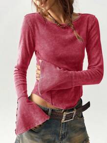 Bohemela BOHO Vacation Solid Color Knit Round Neck Flare Sleeve Fitted Regular Women T-Shirt