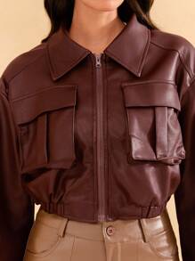 SHE(IN) BRASIL Flap Pocket Drop Shoulder PU Leather Coat - Brown - View 7