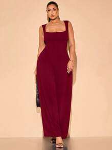 SHEIN BAE Women's Plus Size Black Sleeveless Wide Leg Jumpsuit With Open Button Design, For Spring/Summer Vacation