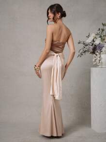 L'Amorae Women's Elegant Wedding Guest Color Block Soft Coffee Latte Satin Ruched Top - Multicolor - View 4