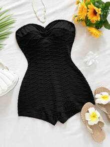 SHEIN WYWH Women's Black Summer Elegant Beach Vacation Holiday Knit Texture Twist Bandeau Jumpsuit,Resort Wear Fitted Design For Party,Date,Cruise Vacation - Black - View 1