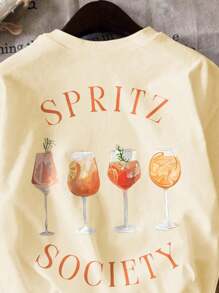SHEIN EZwear Women Beverage Letter Print Casual Round Neck Short Sleeve T-Shirt - Apricot - View 4