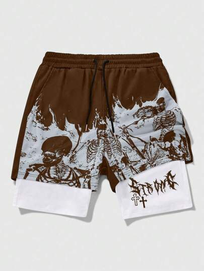 Goth Men's Dragon Print 2 In 1 Sports Basketball Shorts, Spring/Summer