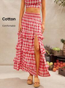 WESTFADE Western Country Spring Floral Embroidered Gingham Smocked High Waist Ruffle Tiered Skirt With Slit Summer Beach Vacation - Red - View 1