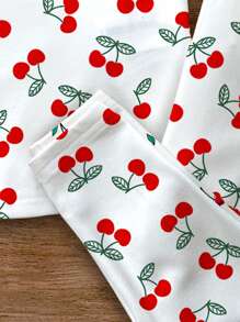 SHEIN Baby Girl Cherry Print Casual Basic Snug Fit Round Neck Short Sleeve Pants Pajama Set, Suitable For Summer - Multicolor - View 6