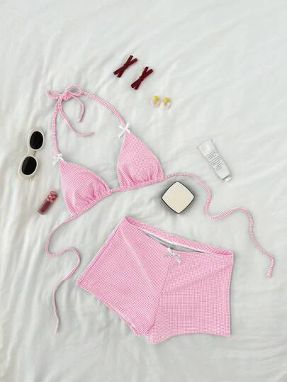 Swim Mod Women Sweet Gingham Pattern Padded Triangle Top And Briefs Bikini Set For Summer Beach Vacation