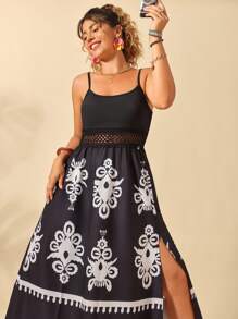 Breezaya Vestido casual de vacaciones para mujer de talla grande, con cuello en V sin mangas, estampado retro, combinación de materiales, remiendo, cintura, encaje floral, calado y abertura en el bajo, diseño ajustado. Nueva llegada del verano de 2025.