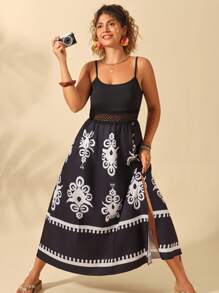 Breezaya Vestido casual de vacaciones para mujer de talla grande, con cuello en V sin mangas, estampado retro, combinación de materiales, remiendo, cintura, encaje floral, calado y abertura en el bajo, diseño ajustado. Nueva llegada del verano de 2025.