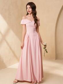 青少年女孩休闲优雅度假、婚礼季节粉色腰部露肩连衣裙吊带背心连衣裙带蝴蝶结，适合上学、郊游、度假、春夏 - 粉色 - 查看 6