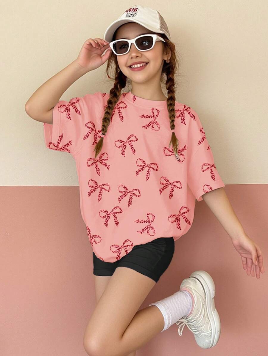 SHEIN Leap Crew Tween Girls Casual Minimalist Short Sleeve T-Shirt & Shorts 2 Pieces Set, Suitable For Summer - Multicolor - View 1