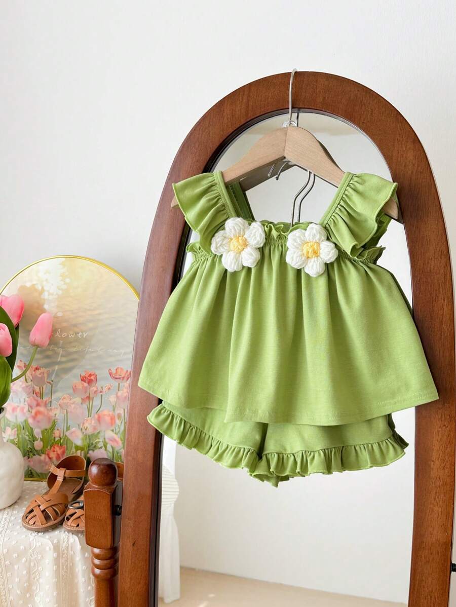 LMoss Kids 女婴可爱休闲绿色花卉荷叶边吊带上衣配松紧腰短裤两件套，夏季 - 綠色 - 查看 1