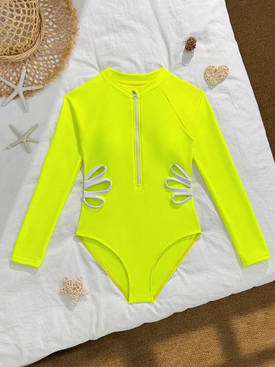 SHEIN Fashionable Neon One-Piece Swimsuit For Tween Girls, Suitable For Summer - Yellow - View 1
