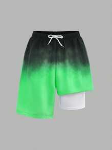 SHEIN Leap Crew Gradient Color 2 In 1 Teen Boys Swim Trunks, Beach Shorts, Swimwear For Beach Parties, Music Festivals, Suitable For Spring & Summer Swimming, Surfing - Green - View 6