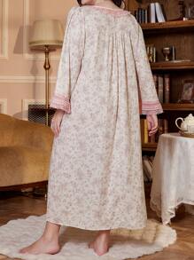 PalaceNights Contrast Lace Patchwork Half-Open V-Neck Faux Pearl Button Decor Plus Size Floral Long Sleeve Nightgown, Moo Moo Sleep Dress, Fall, Winter