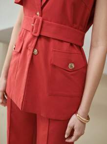MOTF PREMIUM LINEN BELTED WAISTCOAT - Red - View 3