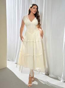 Firerie Đầm suông hở vai cổ chữ V, lưng cao, lót lưới, thanh lịch, tối giản, tinh tế, lãng mạn, nữ tính, đi làm hàng ngày, ngày lễ tình nhân, kỳ nghỉ, váy ô dù tay ngắn màu mơ - Màu be - Xem 6