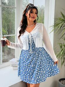 SHEIN EZwear Set de 2 piezas talla grande: Cárdigan blanco y vestido camisero con estampado floral diminuto