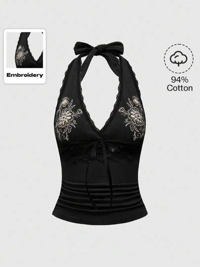 Hippie Top de tanque de verano para mujer con diseño floral bordado con encaje, empalme delantero con corbata halter en el cuello