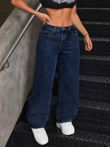 SHEIN PETITE Lockere, lässige, vielseitige Jeanshose mit weitem Bein und Taschen für Damen