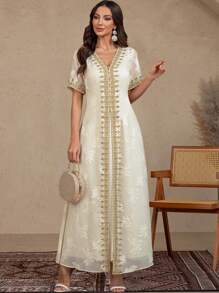 SHEIN Clasi 2pcs Set Women Elegant V-Neck Short Sleeve Robe And Dress With Embellished Decor - Apricot - View 1