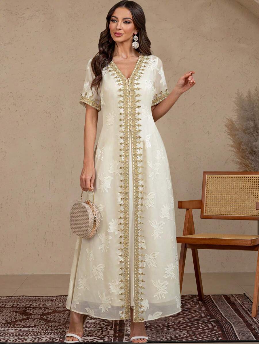 SHEIN Clasi 2pcs Set Women Elegant V-Neck Short Sleeve Robe And Dress With Embellished Decor - Apricot - View 1