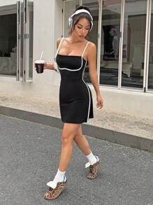 SHEIN EZwear 夏季新款黑白撞色修边瑜伽运动吊带背心A字迷你连衣裙 - 黑色 - 查看 6