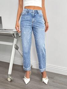 SHEIN Essnce Quần Jeans Nữ Đính Ngọc Trai Giả, Thời Trang Cho Mùa Hè - Rửa nhẹ - Xem 6