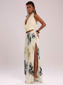 SHEIN BAE Women's Floral Print Maxi Skirt: Beige Knitted Fabric With Zipper Detail And High Slit - Beige - View 5