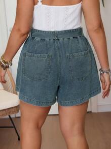 SHEIN LUNE Plus Size Women's Casual Washed Denim Shorts With Big Pockets, Summer - Medium Wash - View 2