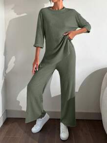 RueChic Drop Shoulder Split Hem Tee & Pants - Army Green - View 3