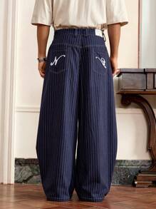 SWAVVY Men's Fashion Casual Woven Oversized Blue Striped 3D Letters Embroidered Baggy Pants, For Daily Summer School