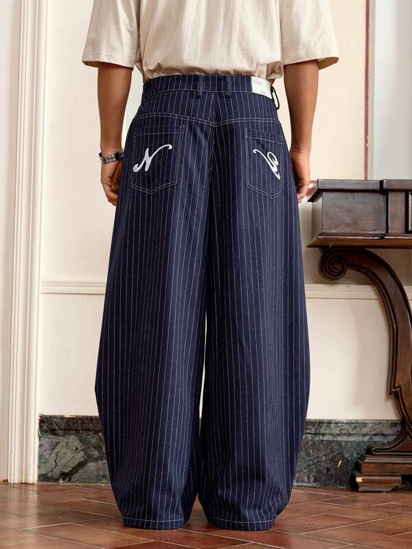 EASEVO Pantalones casuales holgados y de talla grande para hombres, a rayas verticales azules tejidas
