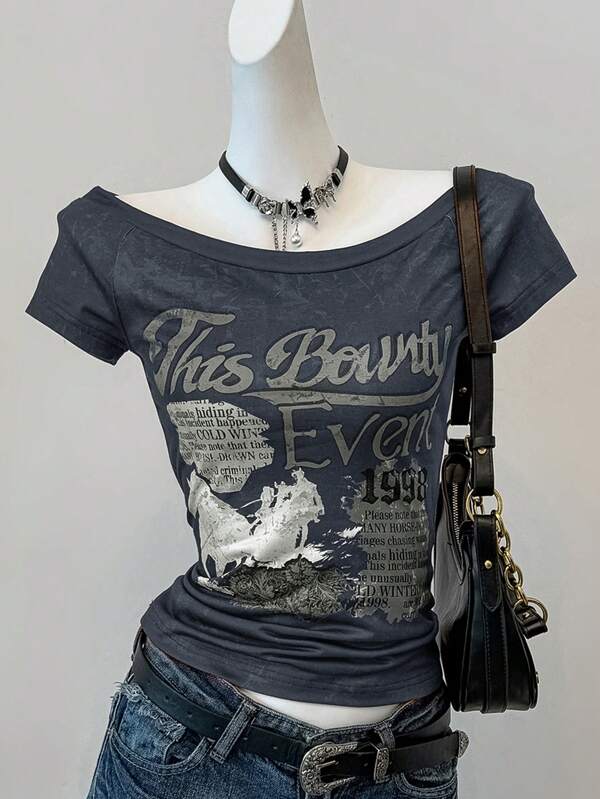 SHEIN EZwear Summer Casual Slogan Print Off Shoulder Plus Size T-Shirt For Women,Back To School