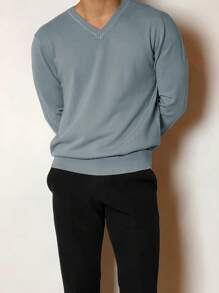 Manfinity Homme Men's Solid V-Neck Long Sleeve Casual Loose Knit Sweater For Autumn/Winter