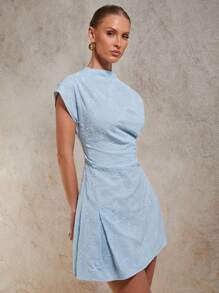 COSMINA Women's Floral Embroidery Stand Collar Batwing Sleeve Ruffle Hem Mini Dress Baby Blue Dress