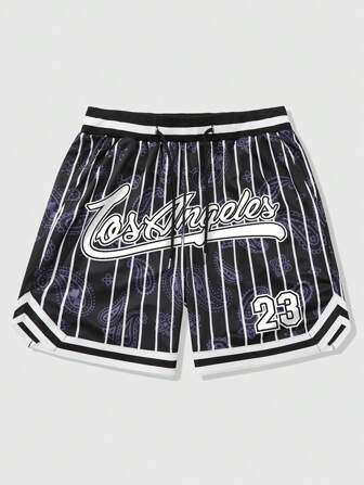 Prep Short décontracté streetwear pour hommes avec rayures sportives de style américain, imprimé fleur de cajou et numéros en anglais