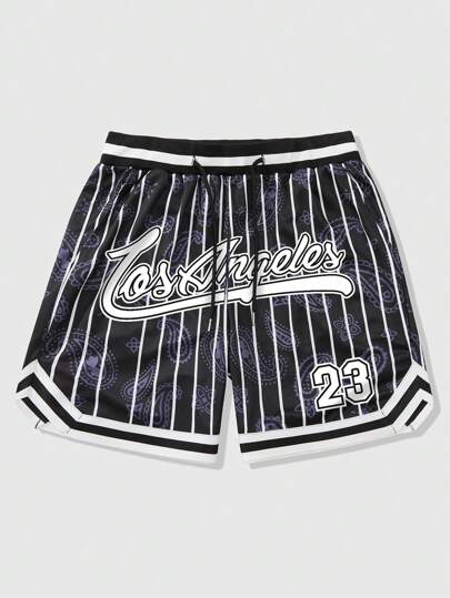 Prep Herren Streetwear Lässig Shorts mit amerikanischen Sportstreifen, Cashewnuss-Blumen- und Englisch-Nummer-Grafik-Muster