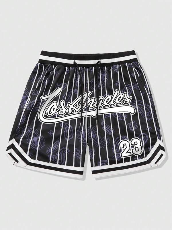 ROMWE MEN Prep Men's Streetwear Casual Shorts With American Style Sports Stripes, Cashew Flower & English Number Graphic Print