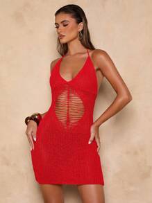 SHEIN BAE Vestido mini de unicolor con espalda abierta y recortes, apropiado para el verano - Rojo - Ver 5