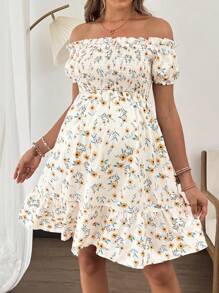 SHEIN Vestido de maternidad con estampado floral, hombros descubiertos y bajo con volantes - Multicolor - Ver 1